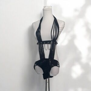NEW Black Strappy Halter Bodysuit with Chains Bondage goth glam OS
